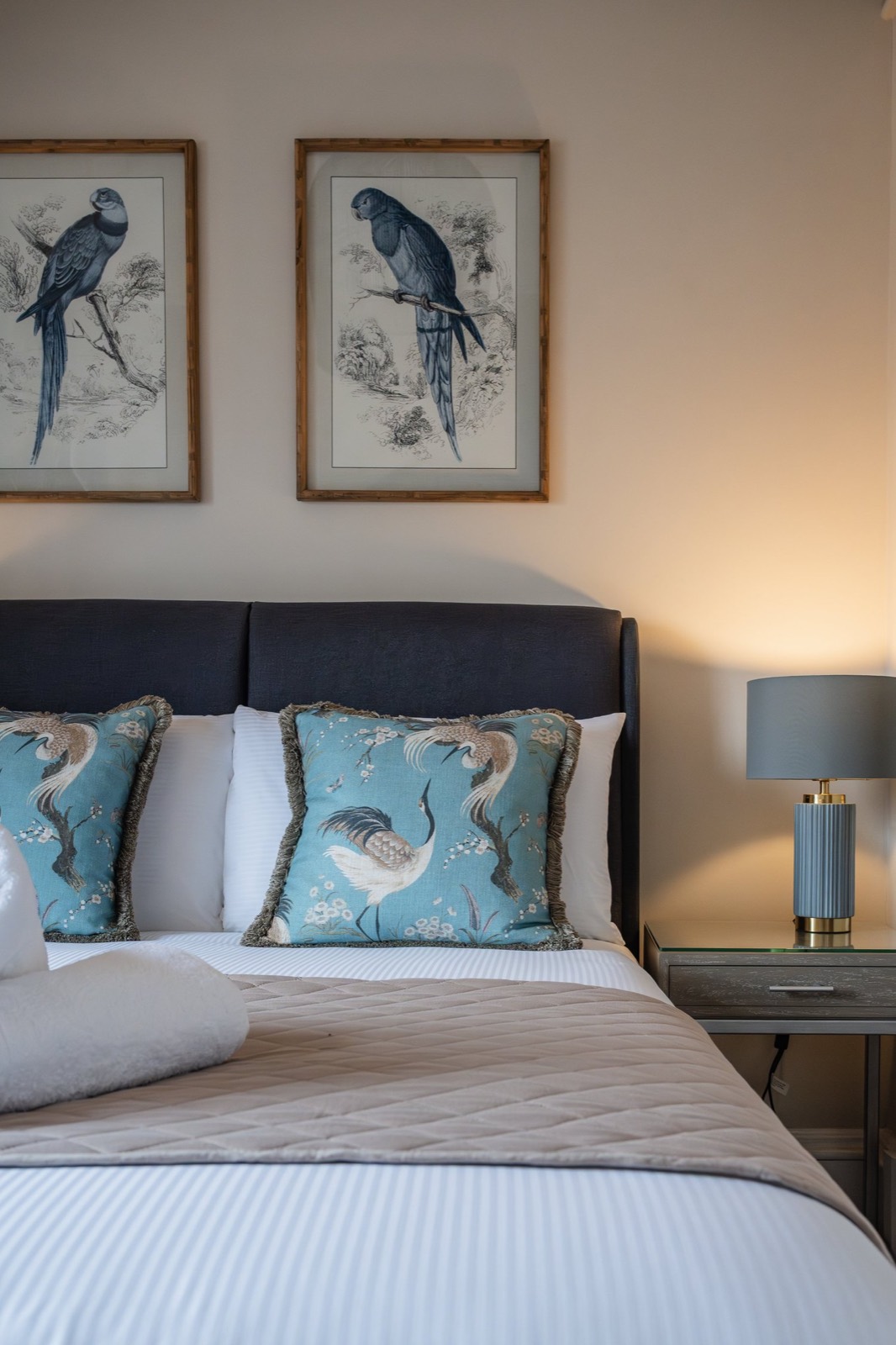 A bed beneath two parrot prints