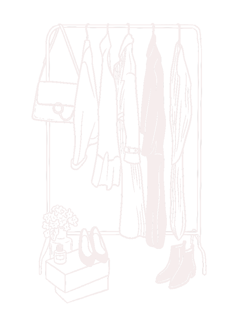 A sketch of a clothes rail styled for a shoot, with a bag, flowers on a box and shoes